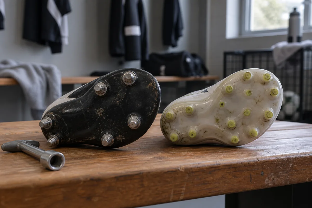 Crampons vissés et moulés côte à côte sous deux semelles de chaussures de football