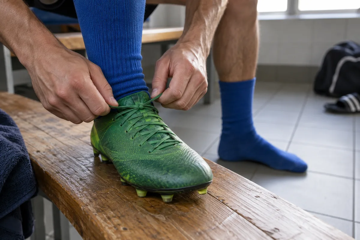 Mains d&rsquo;un joueur laçant sa chaussure de football sur un banc de vestiaire