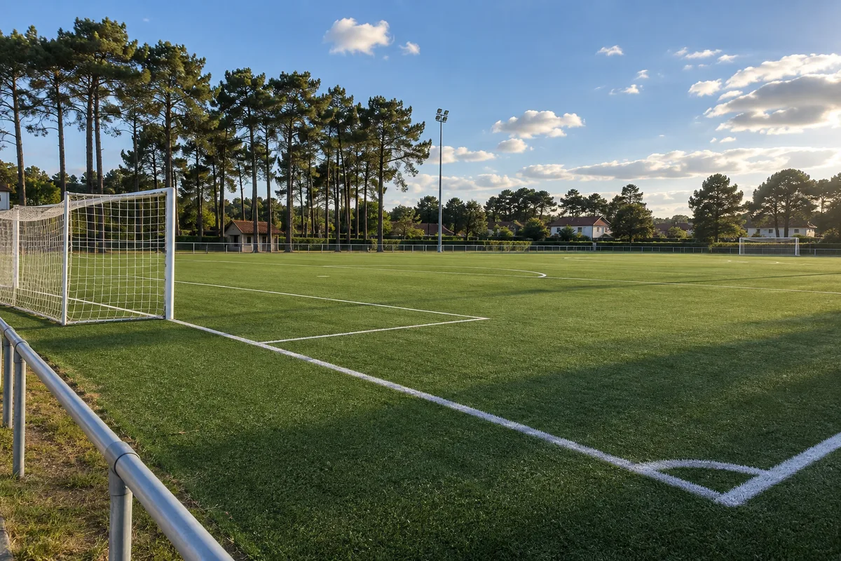 Terrain synthétique d&rsquo;un stade de village landais sous un ciel dégagé