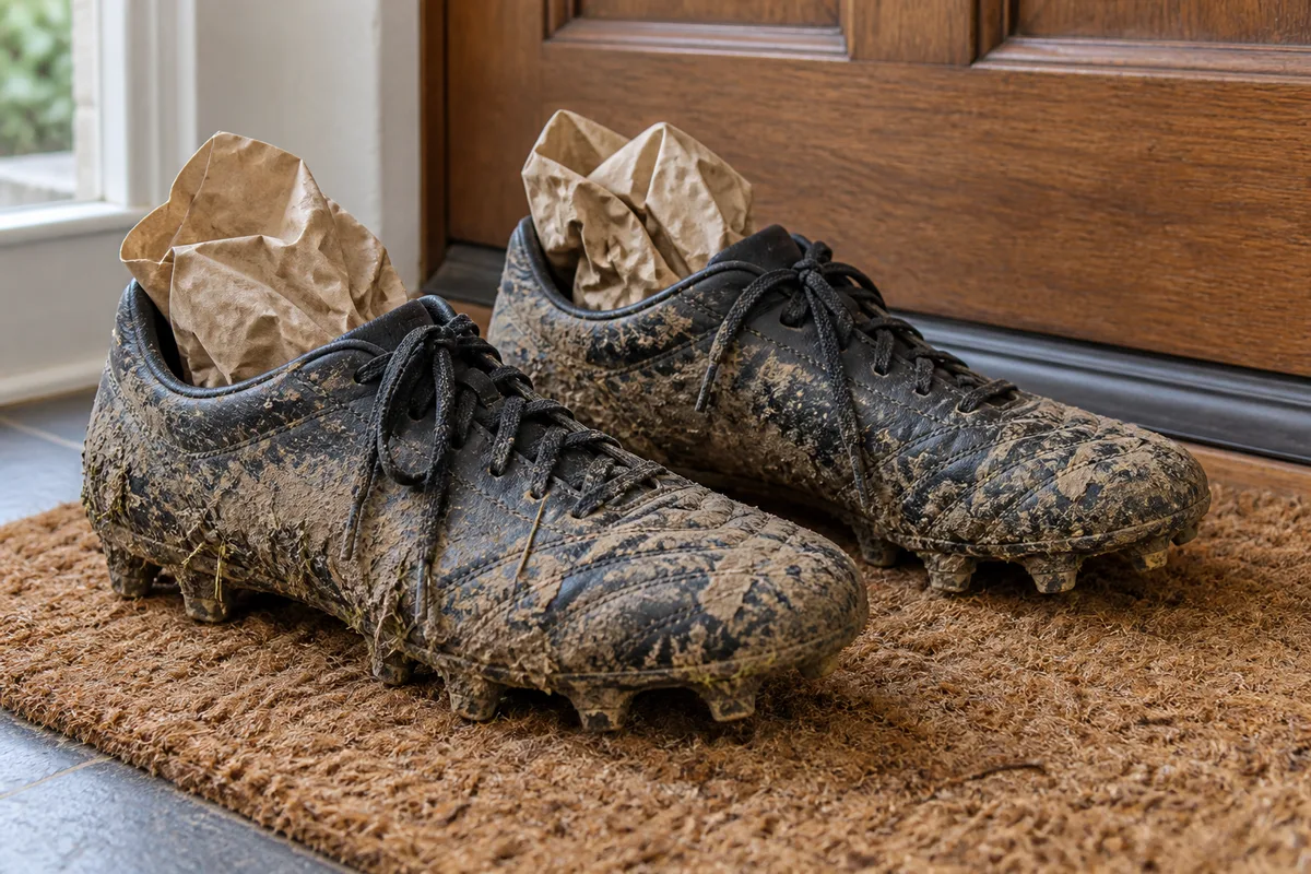 Chaussures de football boueuses séchant près d&rsquo;une porte, garnies de papier froissé