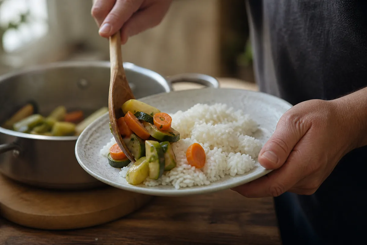 Assiette de pâtes, poulet grillé et banane posée sur une table de cuisine claire