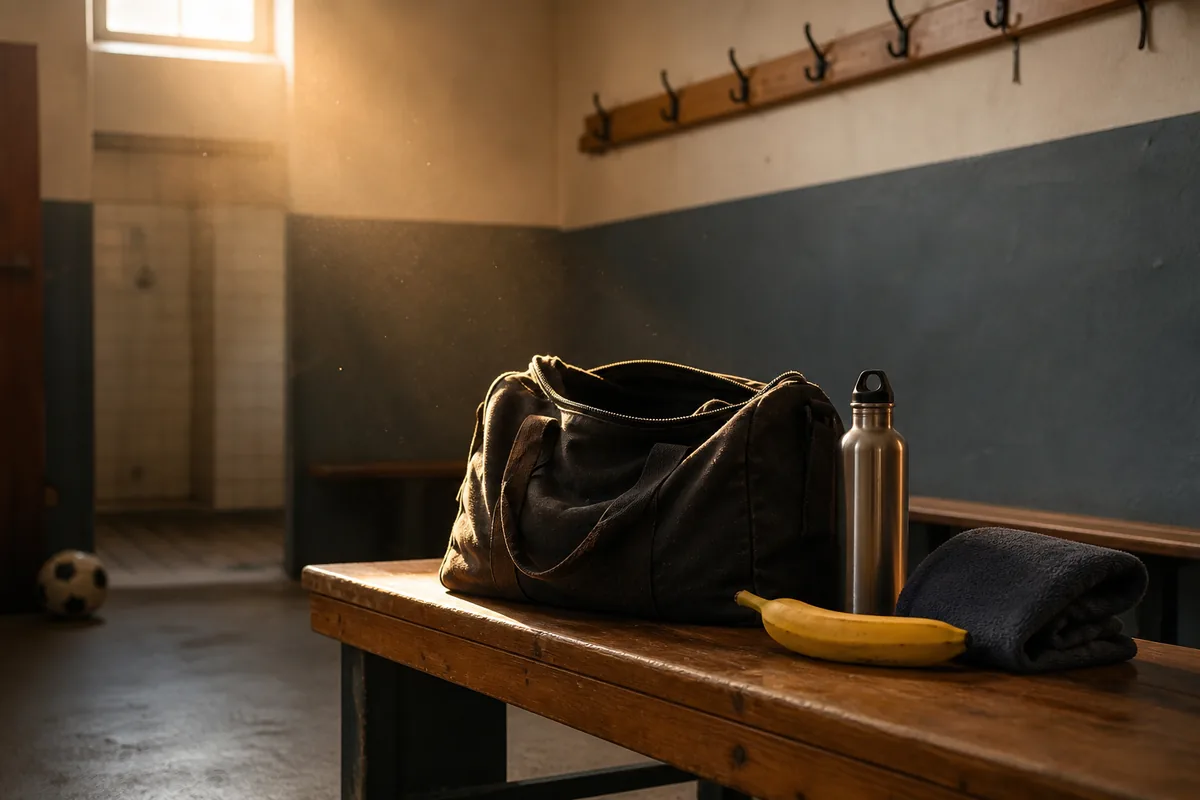 Sac de sport ouvert sur un banc de vestiaire en bois avec une gourde et une serviette pliée