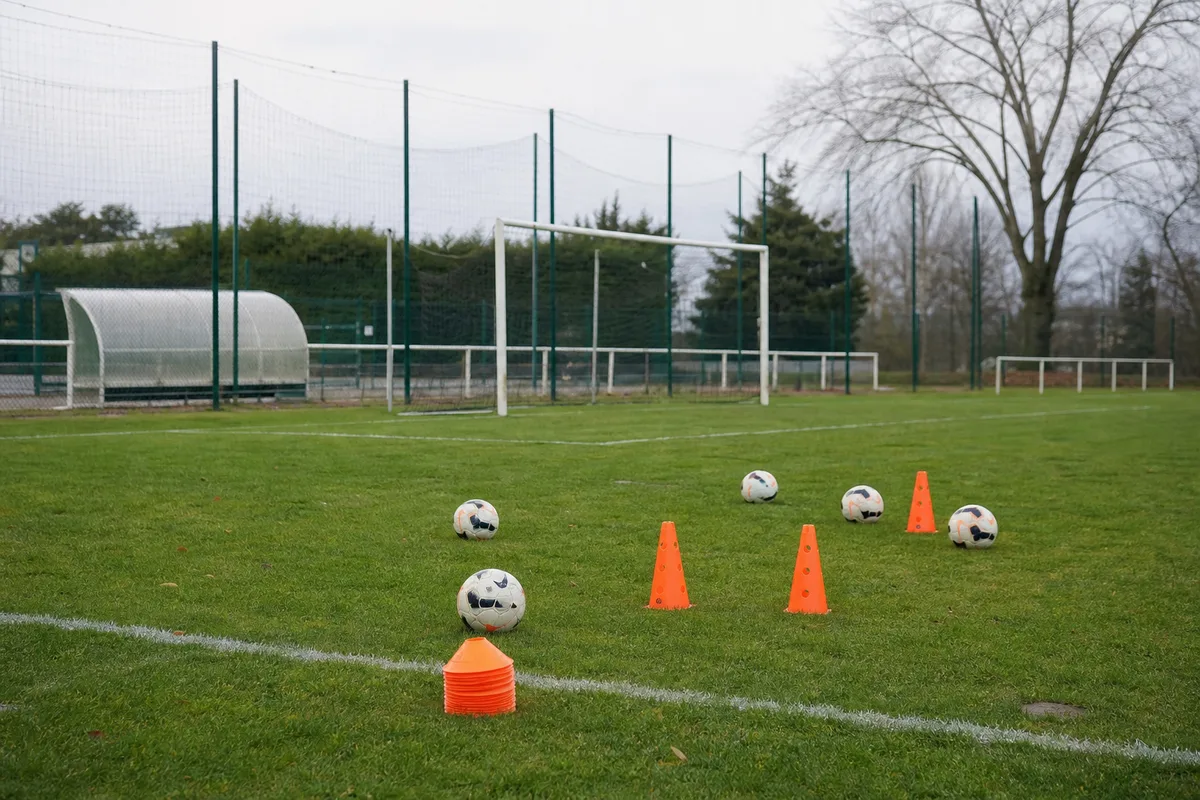 Séance d’entraînement de coups de pied arrêtés avec plots et ballons disposés près de la surface