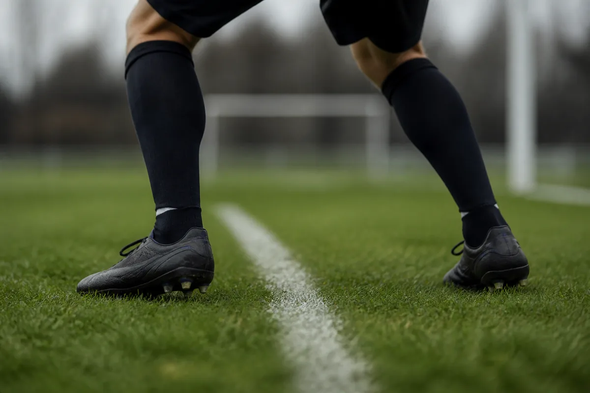 Gardien de football en position d’attente au centre de sa cage sur un terrain amateur