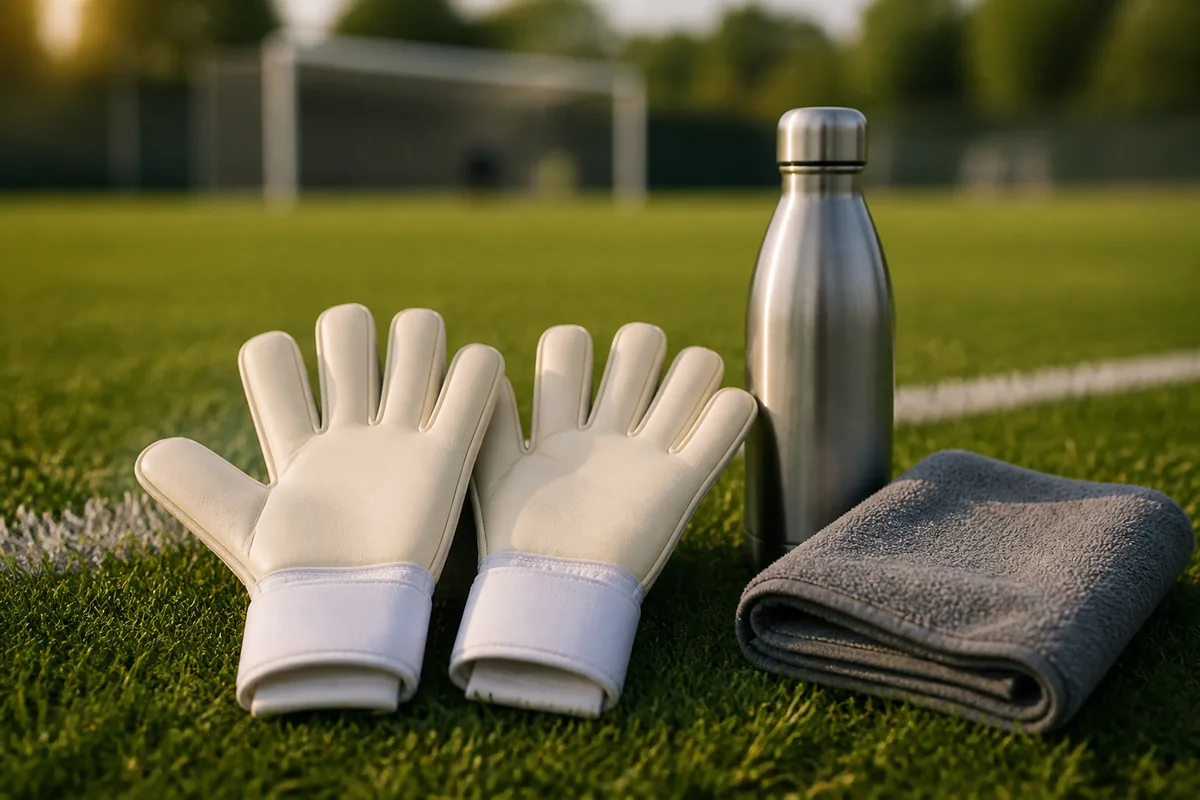 Gants de gardien de but posés sur l’herbe au bord d’une surface de réparation