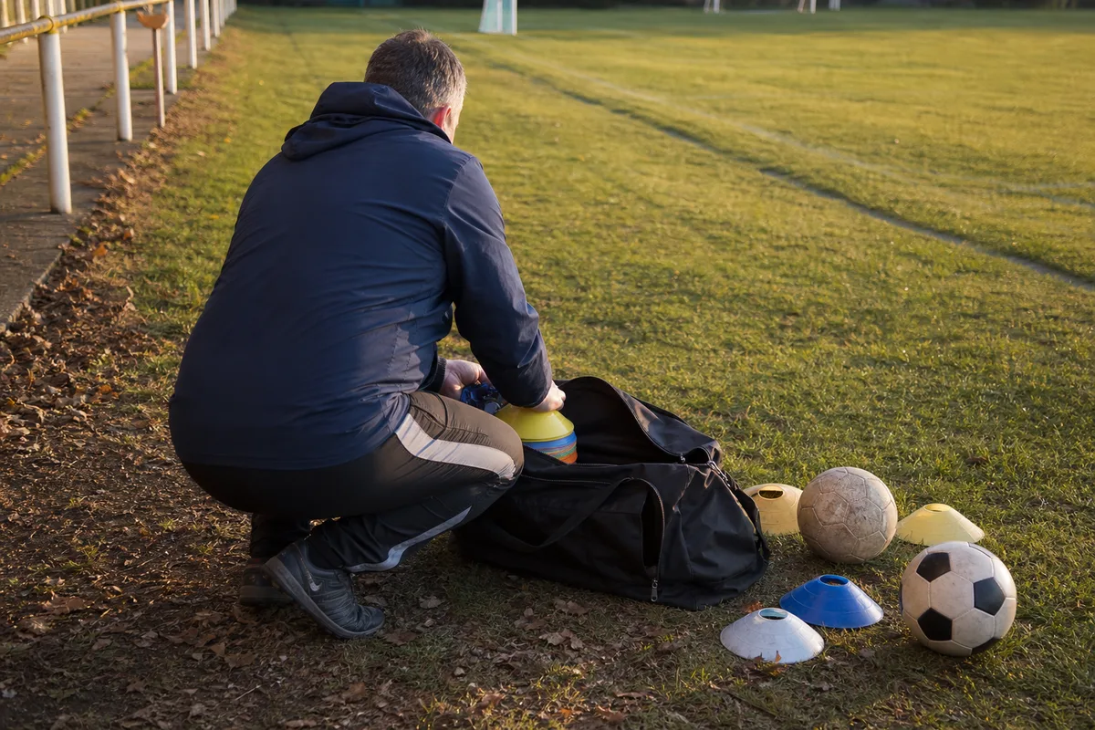 Éducateur sportif encadrant un entraînement de football amateur sur un terrain