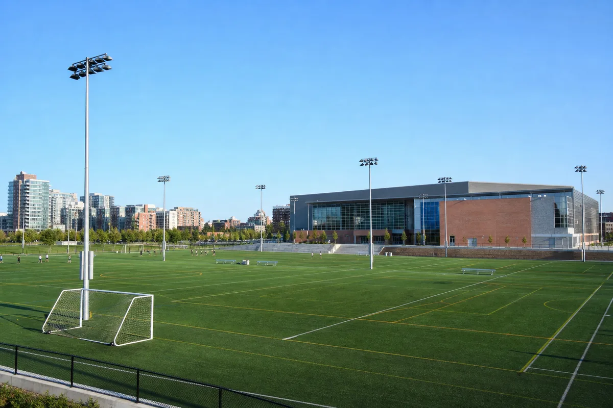 Complexe sportif municipal avec plusieurs équipements en usage