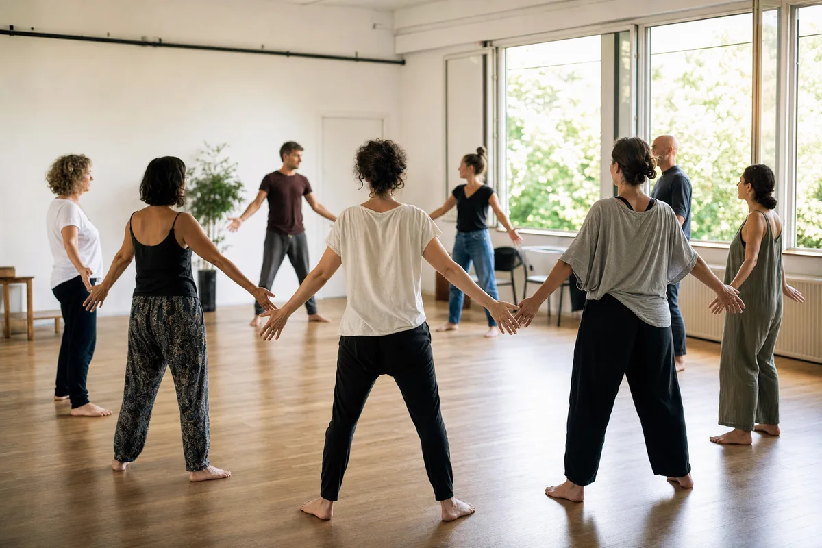 Adultes en atelier de théâtre travaillant la posture et l’expression corporelle en cercle