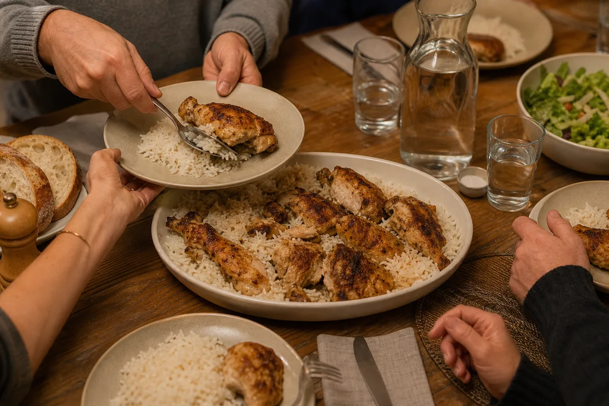 Plat de riz et poulet grillé servi la veille d&rsquo;un match de football