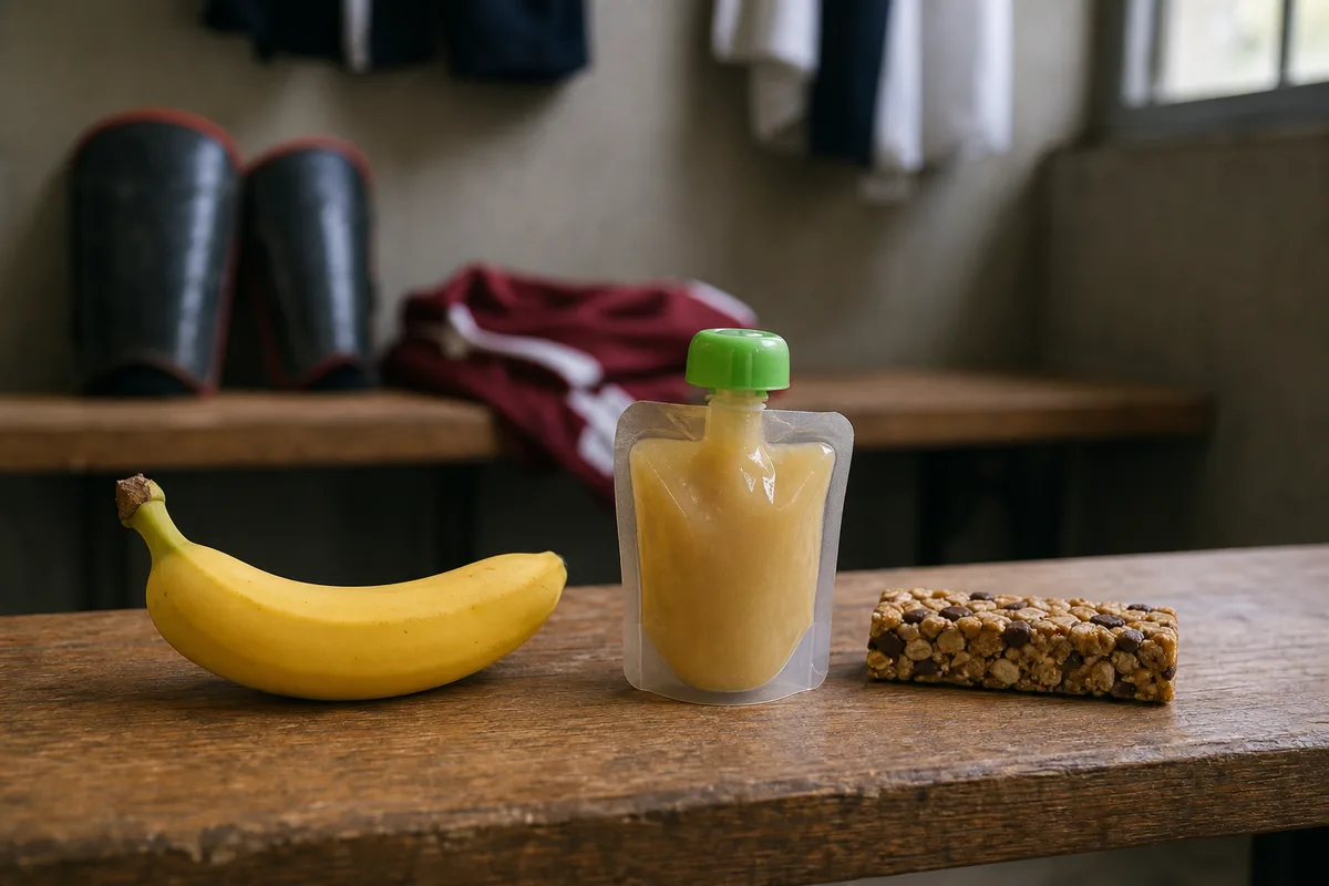 Banane, compote et barre de céréales posées sur un banc de vestiaire de football