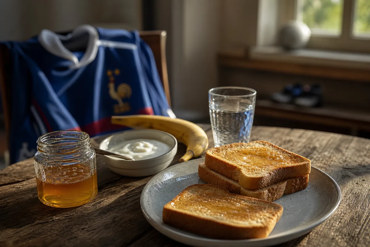 Petit déjeuner de sportif avec pain, miel et banane avant un match matinal