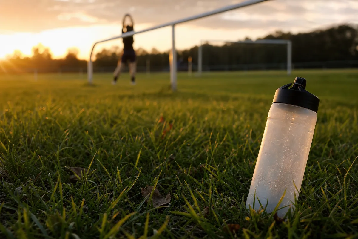 Gourde d&rsquo;eau posée au bord d&rsquo;un terrain de football amateur au coucher du soleil