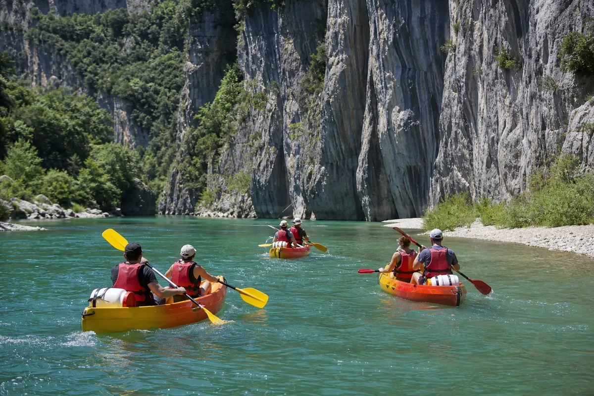 Groupe d&rsquo;adultes en canoë biplace pagayant sur une rivière calme bordée de falaises