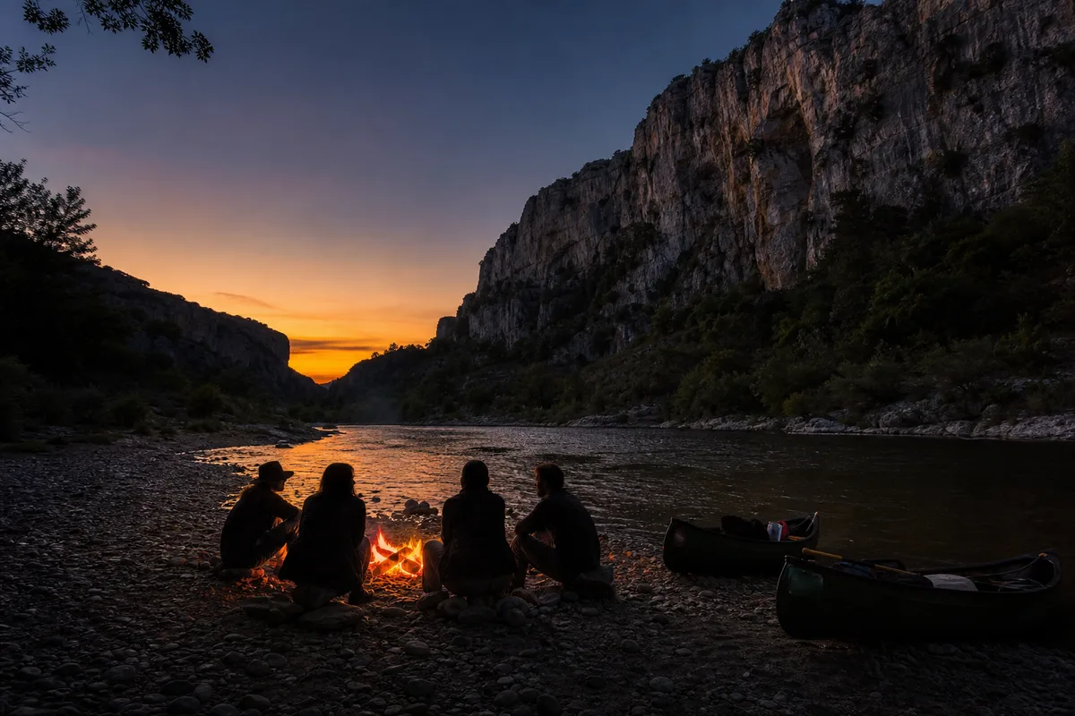 Feu de camp au bord d&rsquo;une rivière au crépuscule avec silhouettes assises et canoës tirés sur la berge