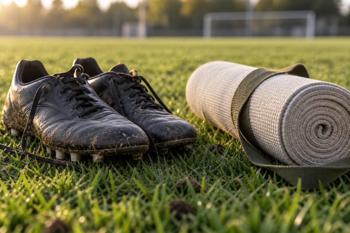 Chaussures de football à crampons posées sur l&rsquo;herbe à côté d&rsquo;un tapis de yoga roulé, en lumière de fin d&rsquo;après-midi
