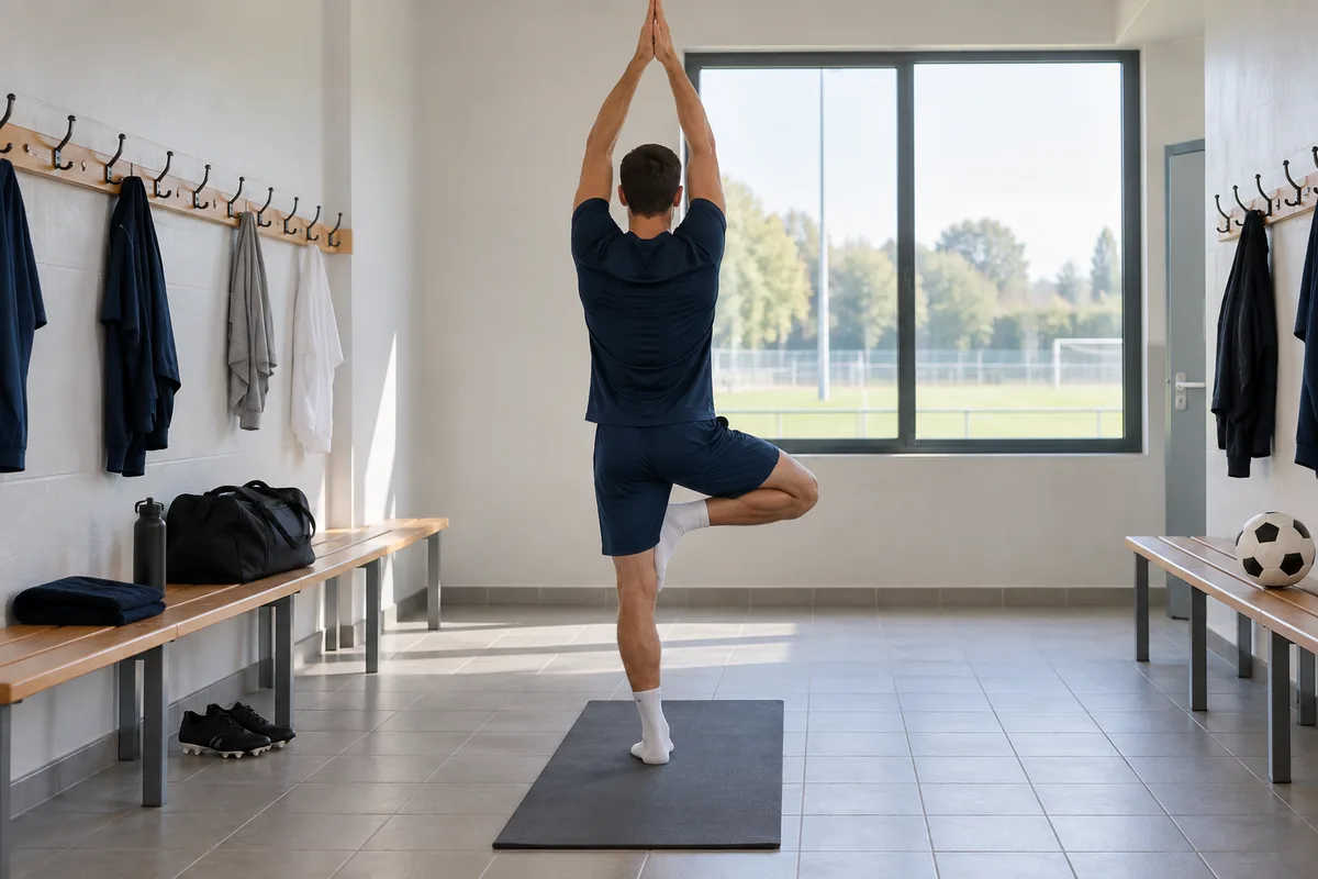 Footballeur vu de dos en posture d&rsquo;équilibre sur une jambe dans un vestiaire lumineux, bras levés au-dessus de la tête