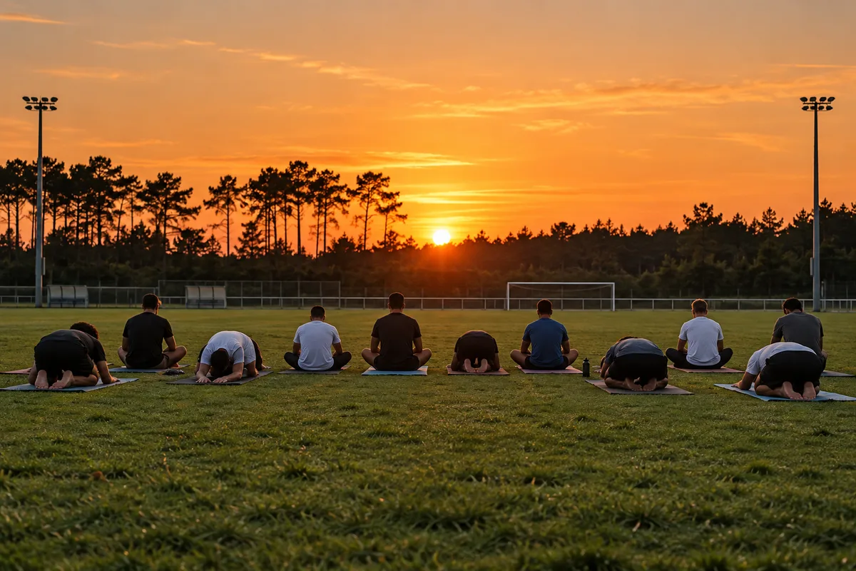 Groupe de footballeurs vus de dos en séance d&rsquo;étirement sur la pelouse d&rsquo;un stade au coucher du soleil